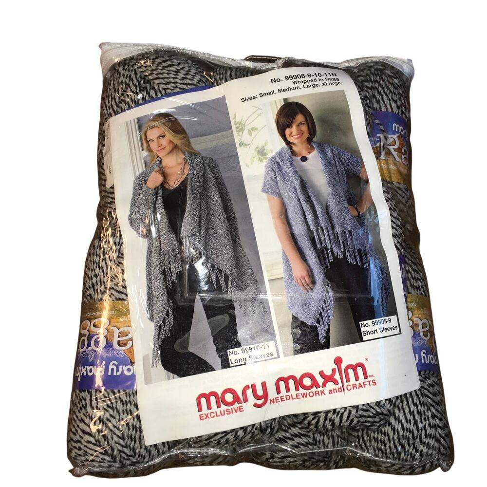 Mary Maxim Wrapped in Ragg Knit Cardigan Sweater Wrap Kit S-XL Yarn Black White